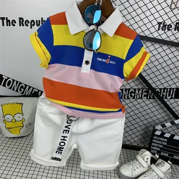 

2PCS WLG boys summer clothing set kids boy striped shirt and white black short set children casual clothes