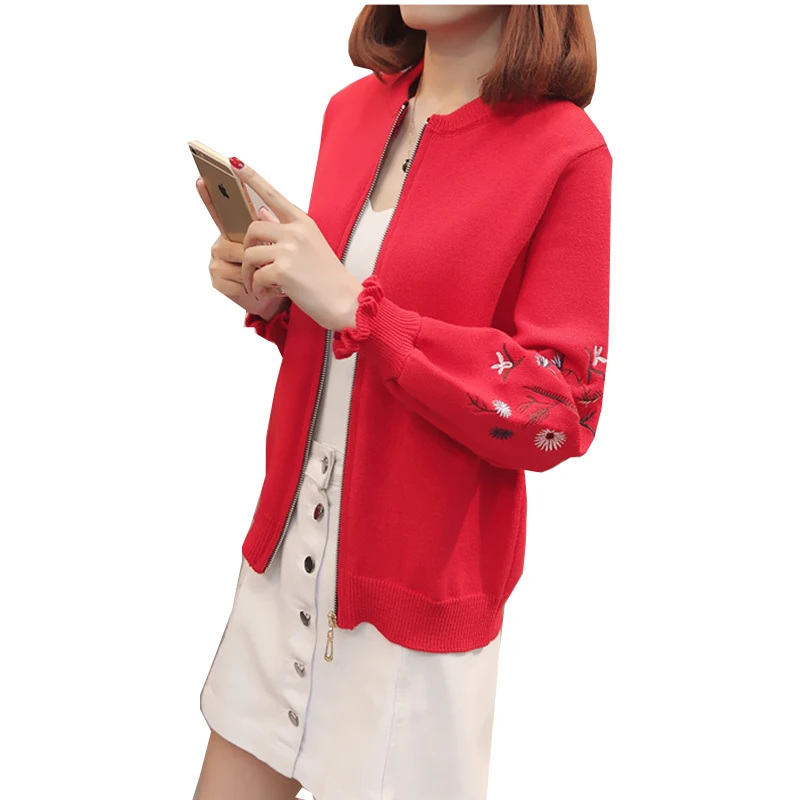 2018 New Spring Autumn Sweater Coat Women Fashion Embroidery Flowers Leisure Loose Knit Cardigan Zipper Jacket Outerwear YM790 |