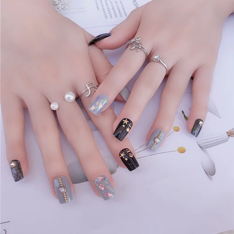

24 Pcs/set Rhinestone False Nail Tips Sticker Bride Press On Fake Nail Manicure Flash Chip With Glue For professional #