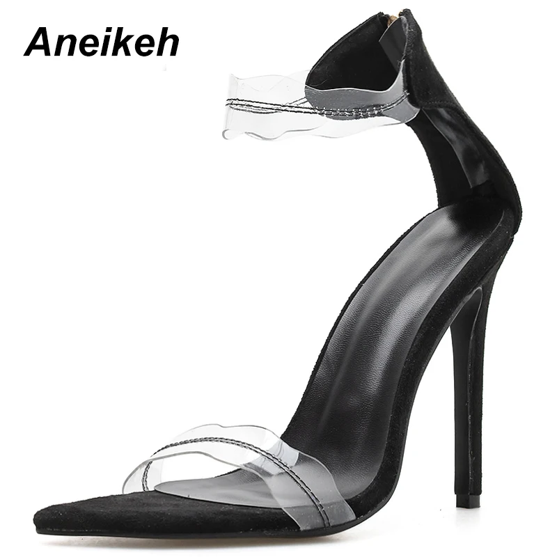 

Aneikeh 2019 New Fashion PU Transparent Pointed Toe Open Thin High Heels Sandals Gladiator Sexy Wear For Office Black Size 35-40