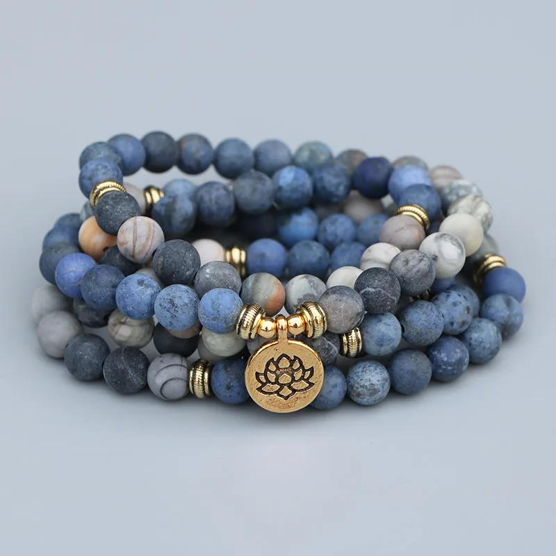 Baratos EDOTHALIA 108 cuentas Mala Lotus pulsera 8MM mate piedra azul y piedra Picasso mujeres hombres meditación pulseras de yoga Drop ship