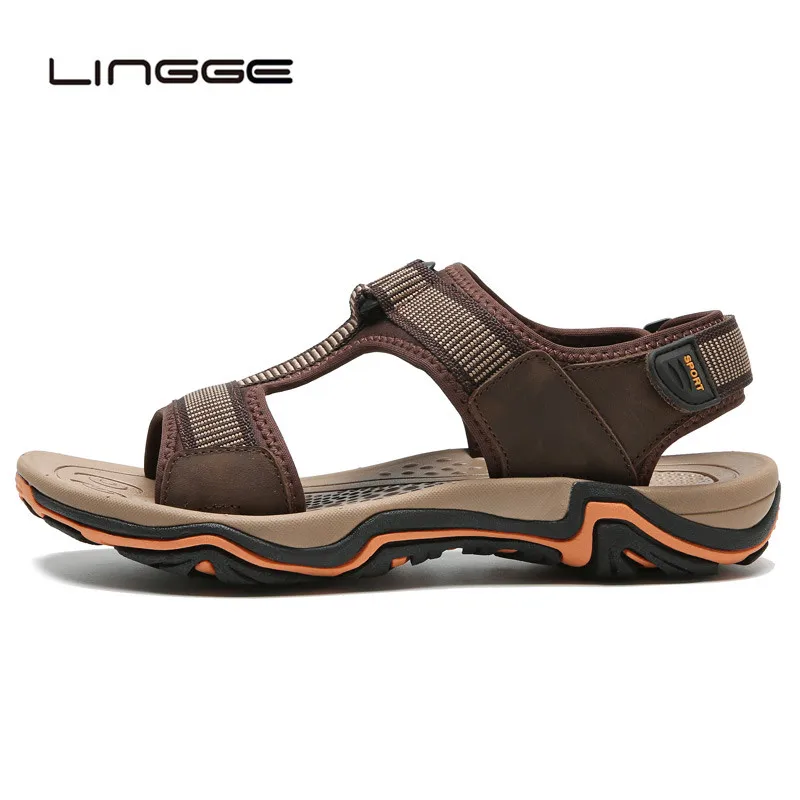 

LINGGE Summer Beach Sandals Men Shoes High Quality Cow Leather Sandal Fashion Men's Sandals Outside Shoes Size 39-45 #2627
