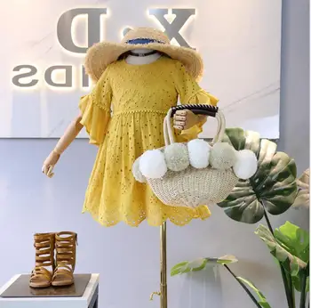 

New 2019 Baby Girls Summer Yellow Hollow Out Dress Princess Children Sweet Fashion Dress 5 pcs/lot, Wholesale