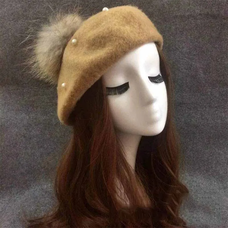 VISROVER берет шапка женская зимняя вязаные шерстяные шапки искусственный мех помпон однотонная шляпа жемчуг Высокое качество Женские Boina Feminina