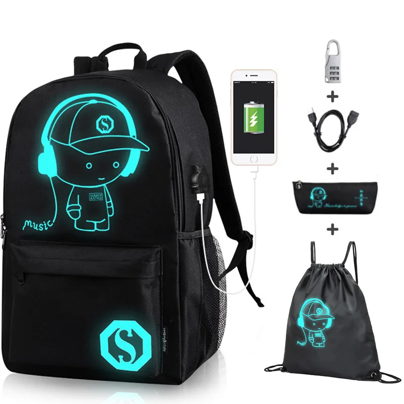 

Anime Luminous Oxford School Backpack Daypack Shoulder Under 15.6 inch with USB Charging Port and Lock School Bag For Boy Black