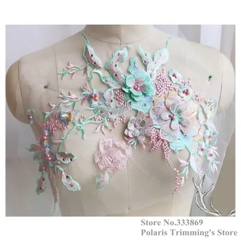

New Light Green Pink Beaded Pearled Rhinestone 3D Flower Embroidery Lace Appliques Collar Patches Sewing DIY Crafts 5pcs/lot M7A