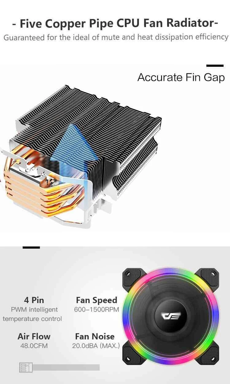 darkFlash Aigo 5 Heatpipes CPU cooler for AMD Intel 775 1150 1151 1155 1156 CPU radiator 120mm CPU fan PC quiet Computer Cooling