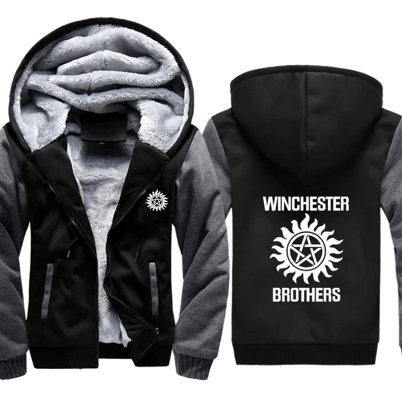 

Supernatural winchester brothers Print Hoodies Mens Winter High Quality Warm Thicken Fleece Zipper Sweatshirt Coat Hoody Male