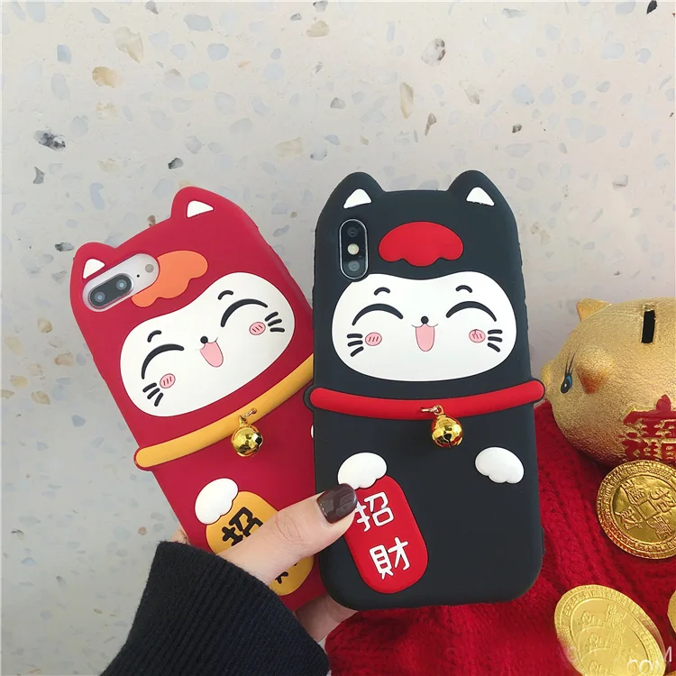 Мягкий чехол для iphone XS max Lucky Cat для iphone 11 pro max XR X 6 7 8 plus Maneki Neko праздничный мягкий чехол для телефона маленький колокольчик