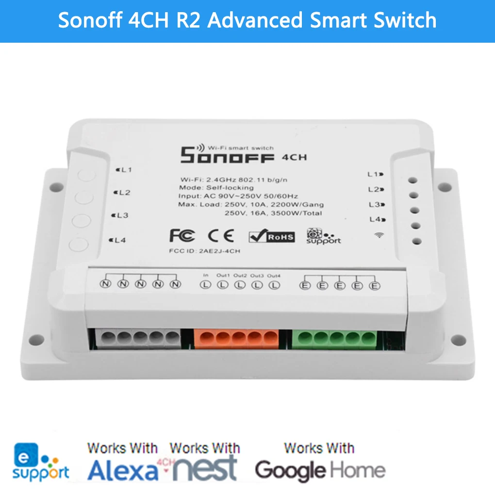 

Sonoff 4CH R2 Advanced Smart Switch 4 Channels Wifi Remote Control Smart Switch for Home Appliances