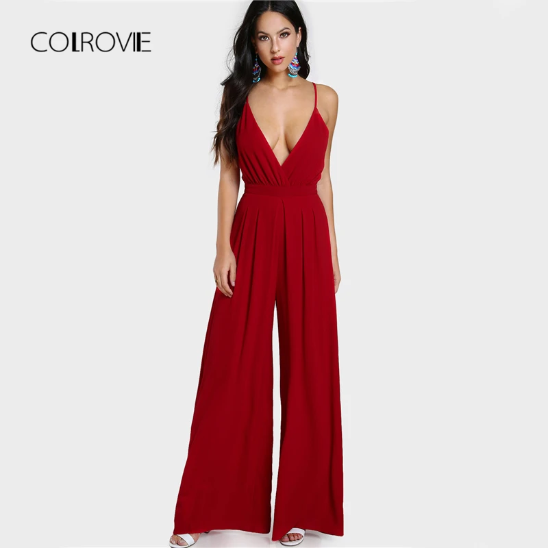 

COLROVIE Culotte Leg Elegant Cami Jumpsuit Women Box Pleated Sexy V Neck Jumpsuits Fall Surplice Front Sleeveless Jumpsuit