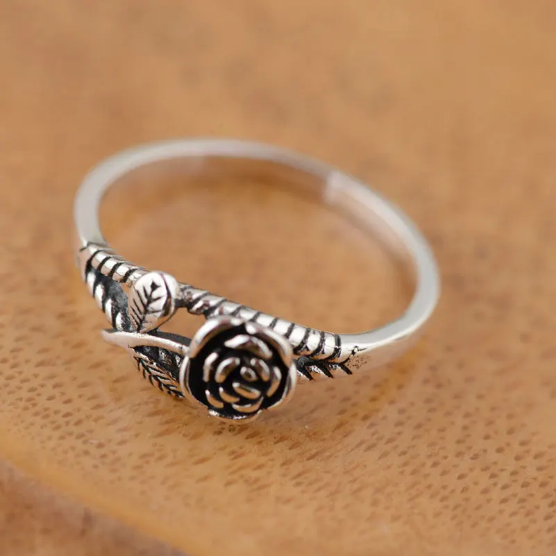 925 Silver Rose Flower Rings for Men Women Jewelry 100% Real S925 Sterling Thai Silver Ring Size 5.5-8