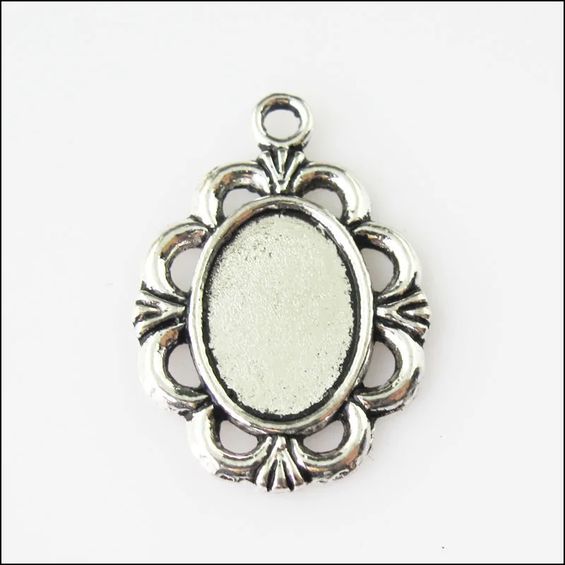 6Pcs Antiqued Silver Tone Oval Flower Picture Frame Charms 18.5x26.5mm