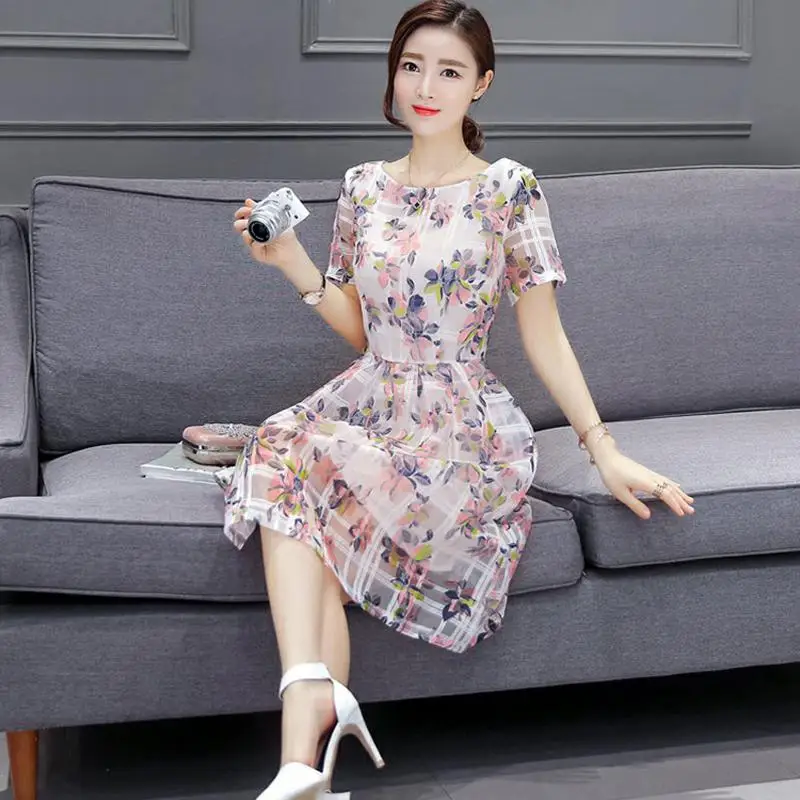 Yfashion женское шифоновое летнее платье модное Цветочное с круглым вырезом и