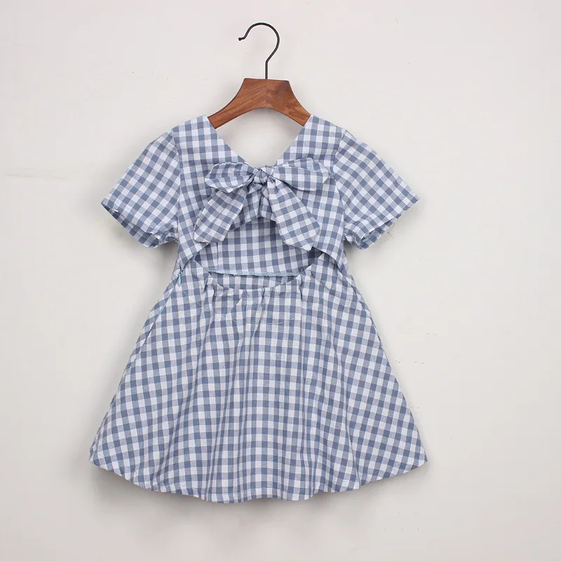 

European Style Fashion Plaid Summer Dress Backless Toddler Girl Dresses 2019 New Short Sleeve Bowknot Kids Party Gowns Z492