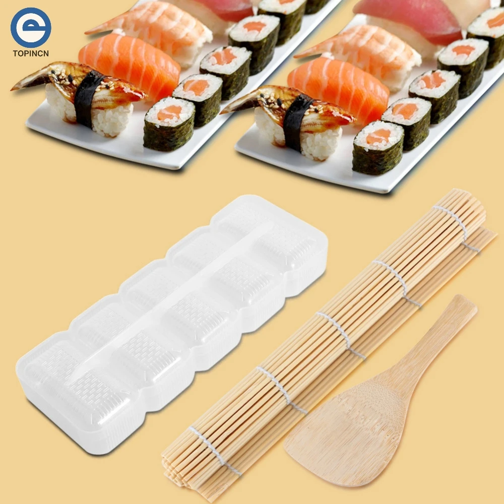 

5 Rolls Sushi Maker Sushi Mold Storage Box Rice Form Bamboo Mat and Rice Paddle Wood Food Kitchen Bento Acessorios Cooking Tool