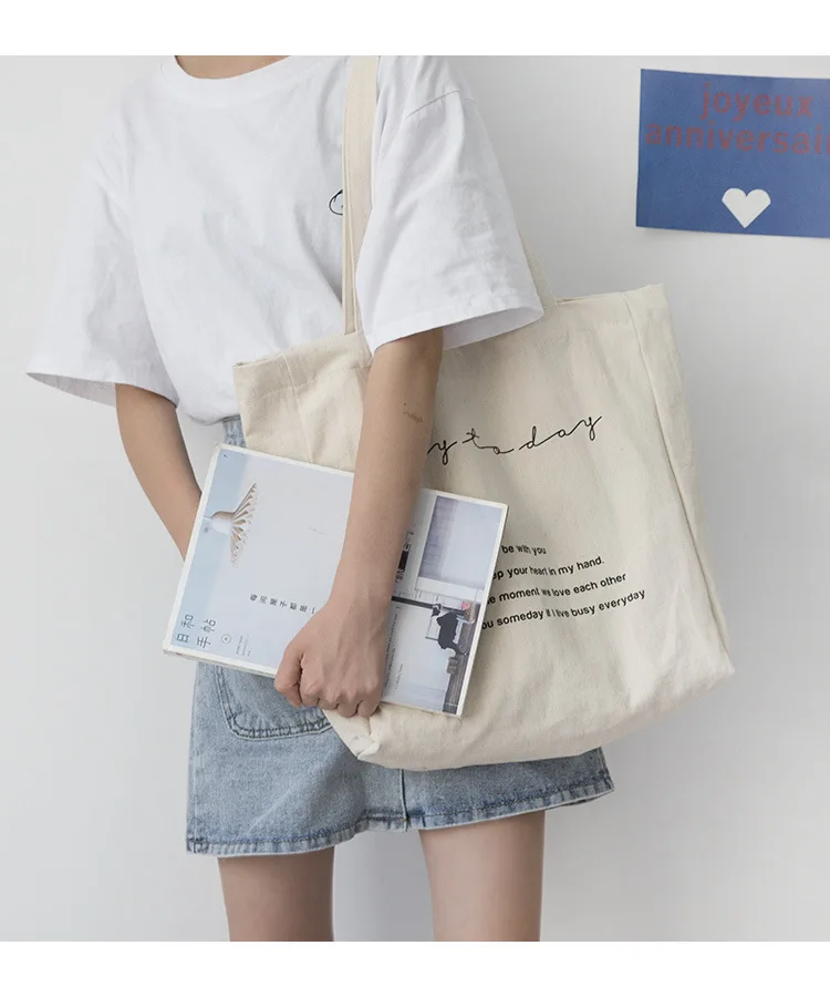 Women Canvas Shoulder Bag Day To Day Letters Print Daily Shopping Bags Students Books Bag Cotton Cloth Handbags Tote For Girls