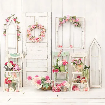 

Backdrop Balcony Bright Flowers Wreath Basket Chairs Wood Wall Background Photo Studio Photobooth Photography Backdrops