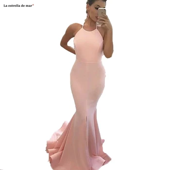 

Abiti damigelle2021 new satin halter peach pink sexy mermaid bridesmaid dress trailing vestido madrinhas de casamneto