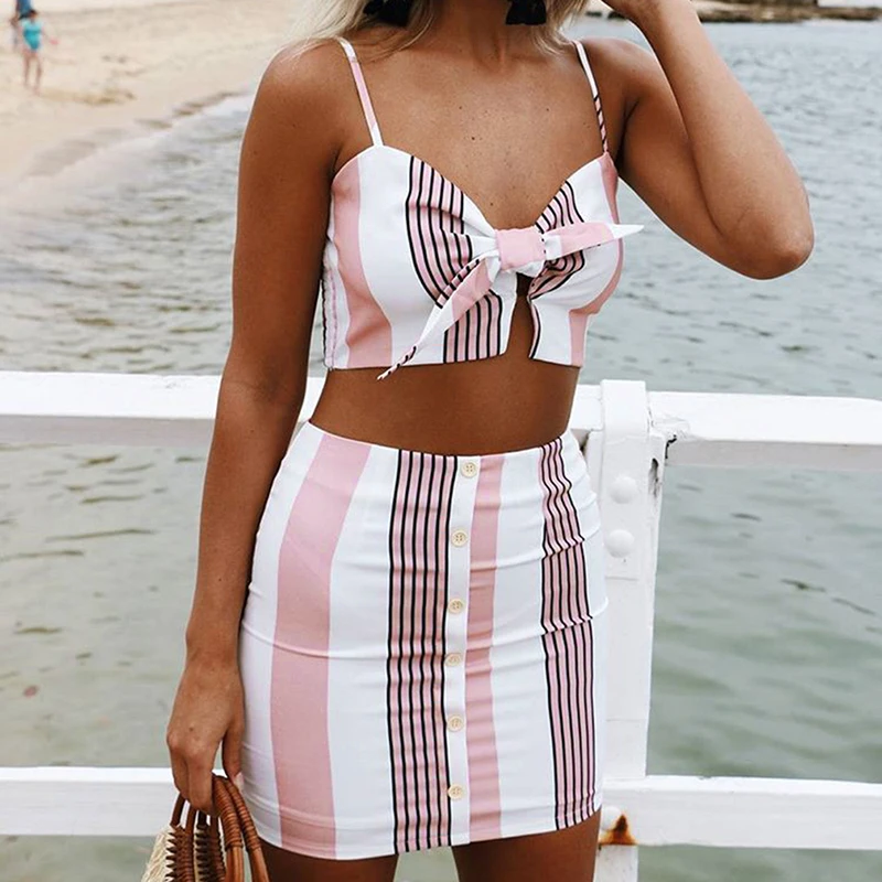 

GAOKE Patchwork Summer 2 Pieces Set Dress Button Lace UIp Women Two Piece Outfits Crop Tops And Skirts Conjunto Feminino