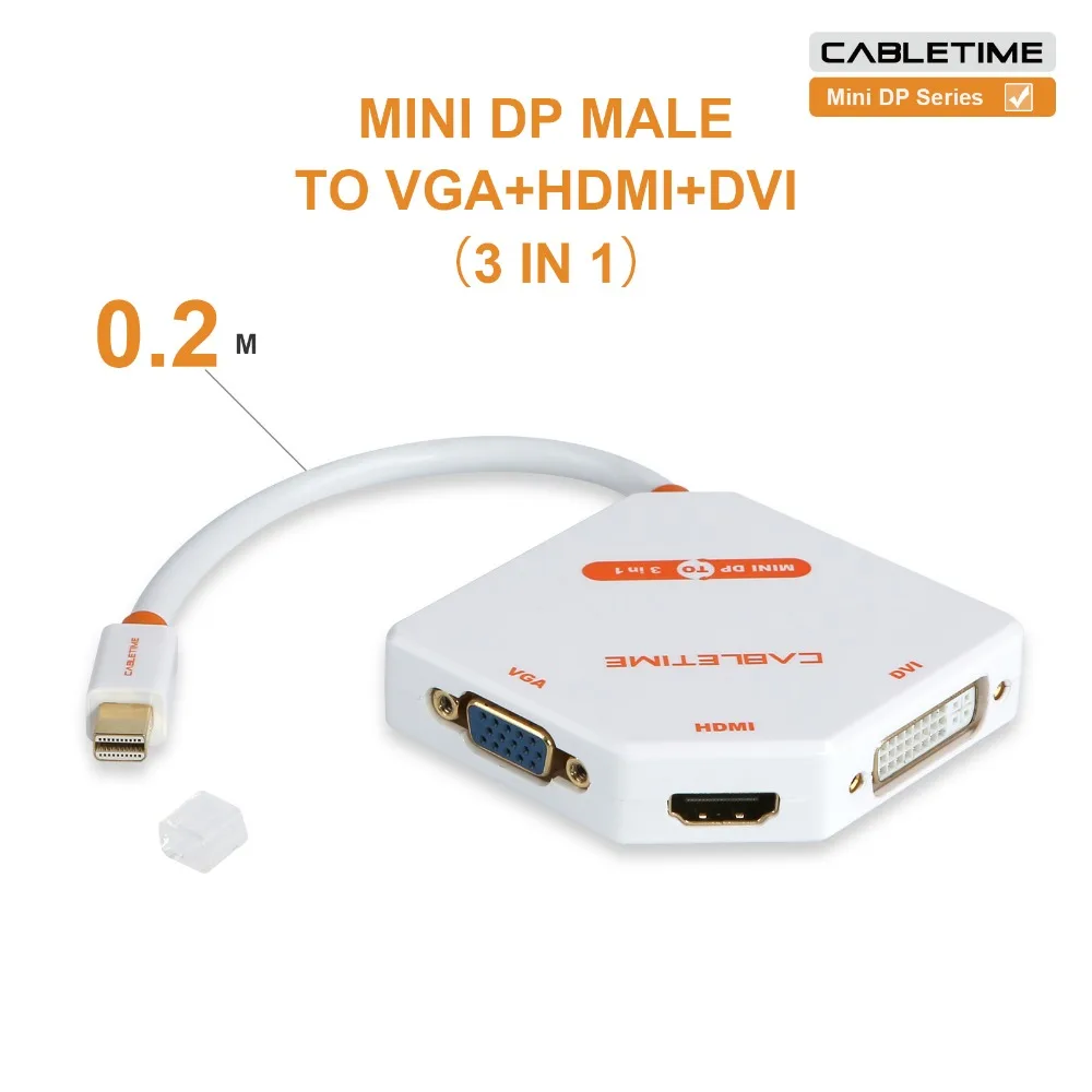 

Cabletime 3 in 1 Thunderbolt MINI DisplayPort to HDMI+DVI+VGA Adapter for definition monitor projector LCD MacBook Pro Air N004