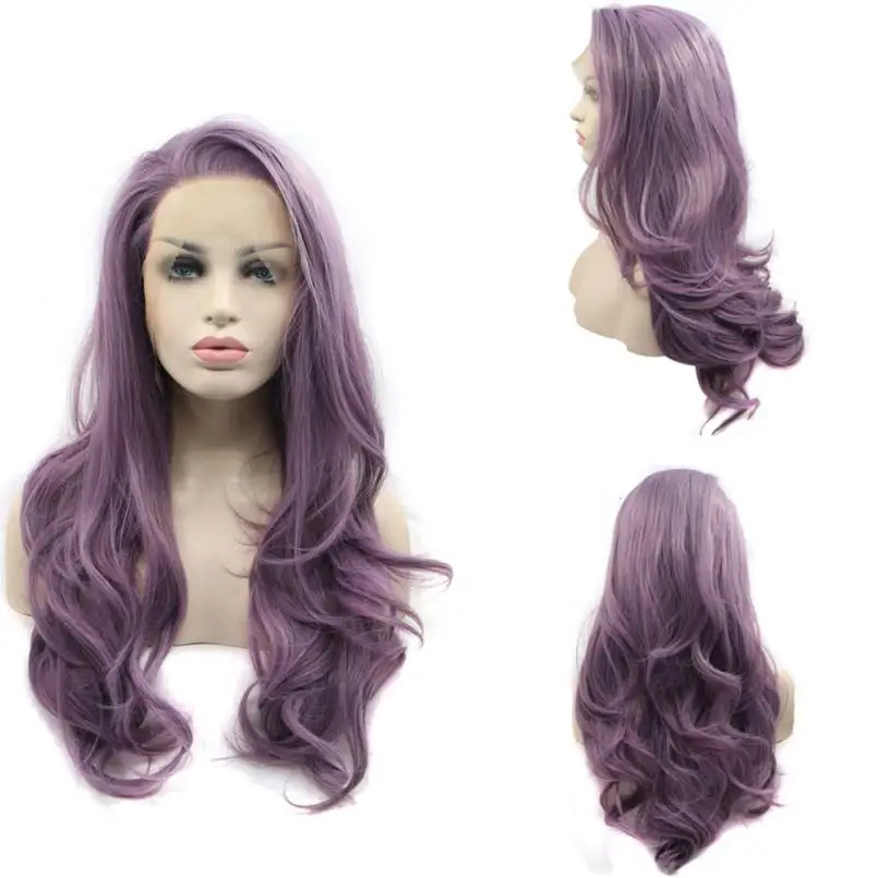 

New Women's Elegant Beautiful European style Wig Purple Synthetic Hair Long Wigs Wave Curly Wig+Cap dropship #F
