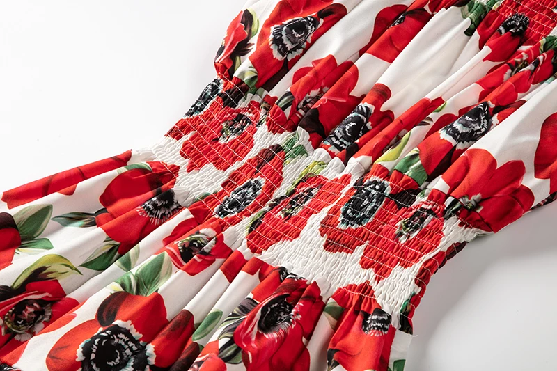 Взлетно-посадочной полосы дизайнерское украшение в виде цветка из ткани летнее платье Для женщин холод вырезать с открытыми плечами и воротником-лодочкой с красной розой Цветочный принт праздничное платье, сарафан