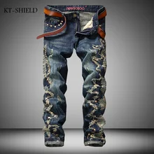New Arrival Famous Brand Ripped Jeans Men High Quality Splicing Rivet Punk Denim Pants Casual Style Vintage Biker Jeans For Men