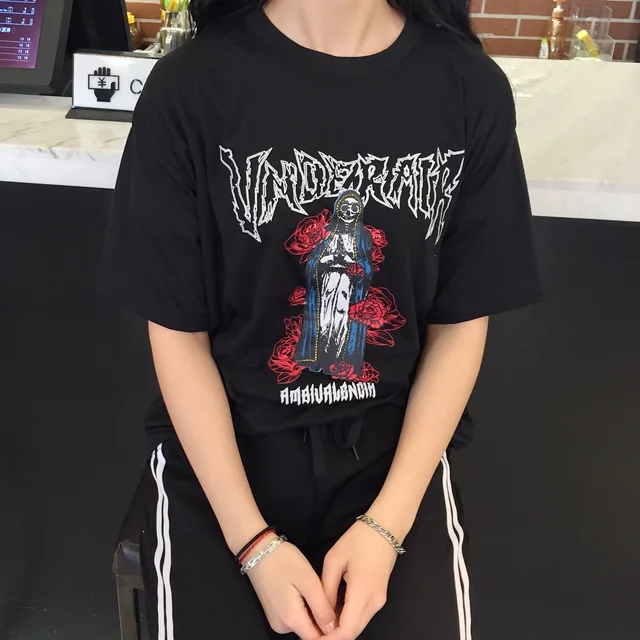 US $6.66 Halajuku Cartoon Style Printed Rose Loose Black Big Short Sleeve Female T-shirt