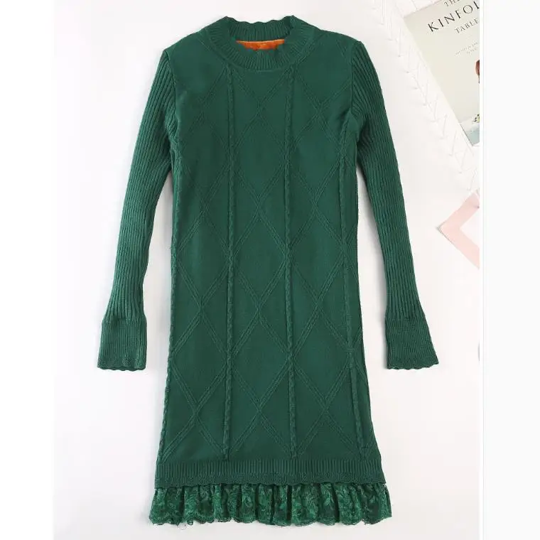 Новые осенние зимние теплые толстые вязаные платья женские элегантные тонкие лоскутные кружевные платья универсальные Базовые трикотажные платья D654 - Цвет: Dark green