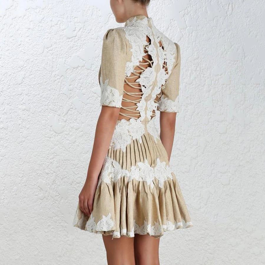 Летнее Новое Женское платье с открытой спиной и перекрестными ремешками, высококачественное сексуальное платье с цветочной вышивкой, Драпированное элегантное мини-платье