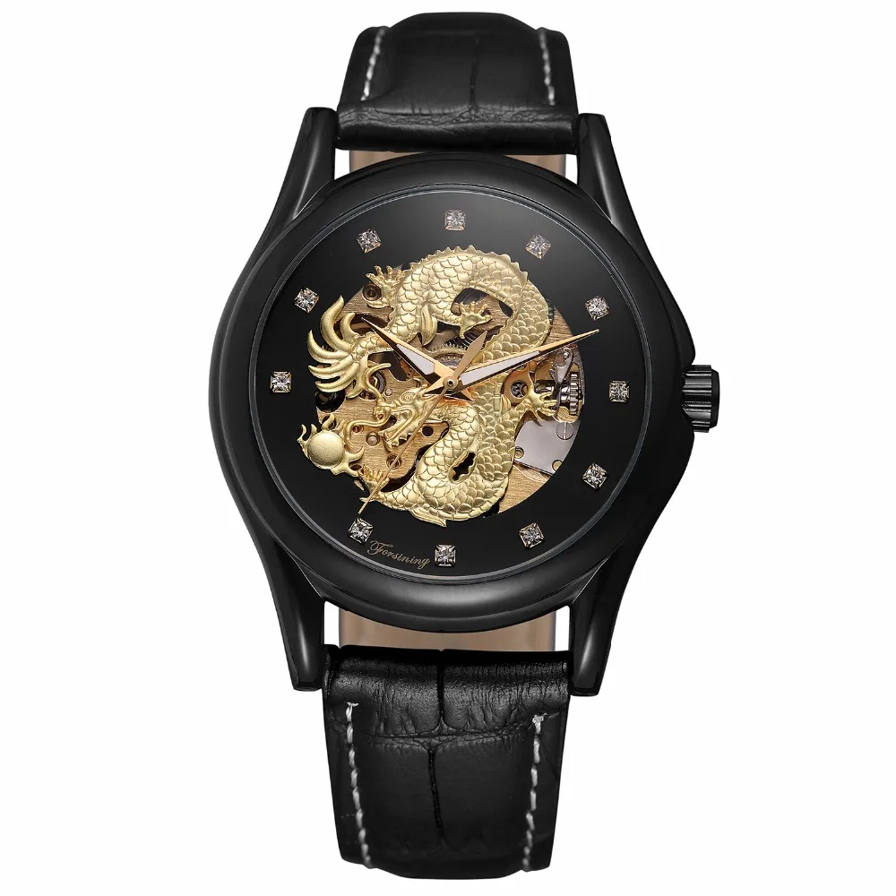 Chinese Dragon Design Diamond Dial Black Golden Men Watch Luminous Hands Top Brand Luxury