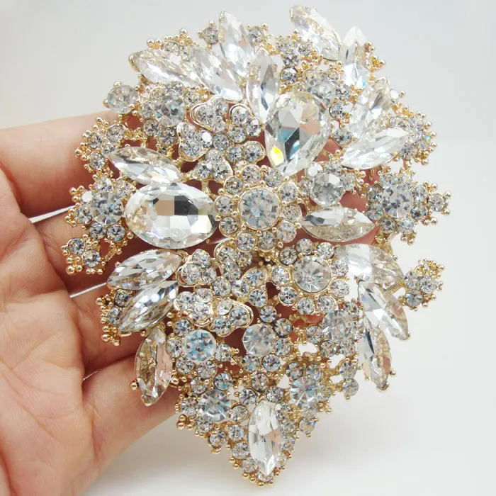 

Gold Tone Bride Dual Drop Flower Wedding Brooch Pin Clear Crystal Rhinestones