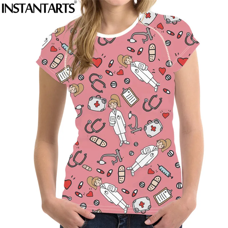 

INSTANTARTS Nurse Women Casual Tshirt Breathable Summer Top Tees Short Sleeve Women Nurse Cartoon 3D Print Woman O-neck Clothing
