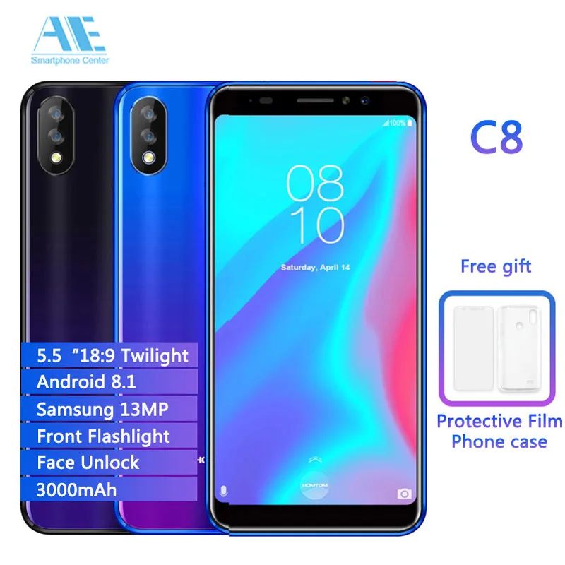 

HOMTOM C8 5.5" HD+ 2GB RAM 16GB ROM 4G Smartphone 3000mAh Android 8.1 Quad Core Face ID Dual Back Cameras Mobile Phone