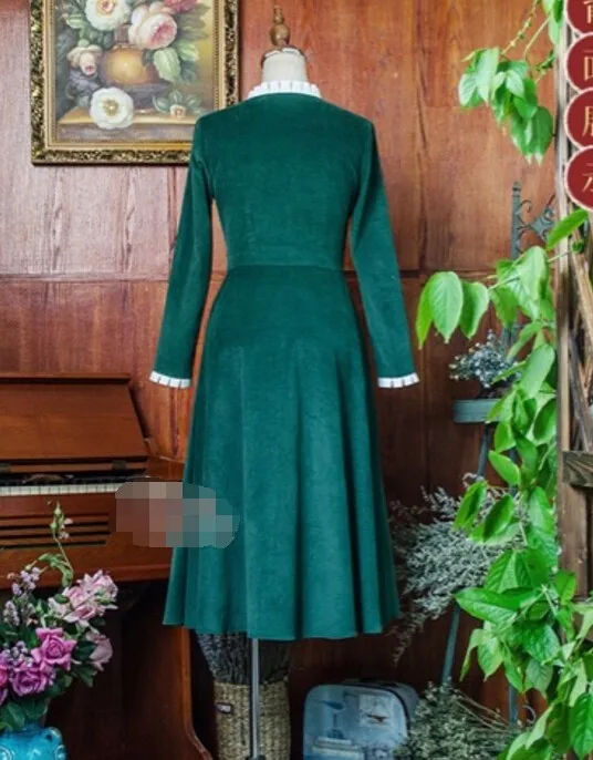 Осень Зима Новое поступление ретро воротник стойка Цветочная вышивка длинный рукав вельвет женское длинное платье Зеленый
