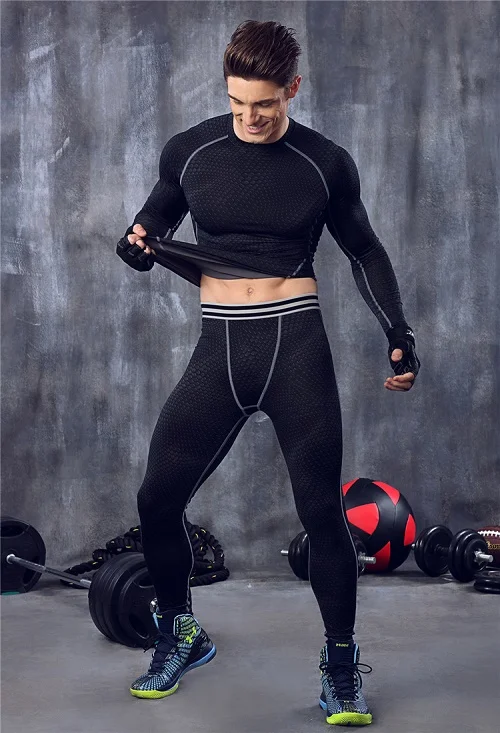 Новые зимние теплые мужские костюмы быстросохнущие обтягивающие нижнее белье Фитнес-Леггинсы с Длинным Рукавом компрессионный высоковпитывающий комплект одежды - Цвет: black gray set