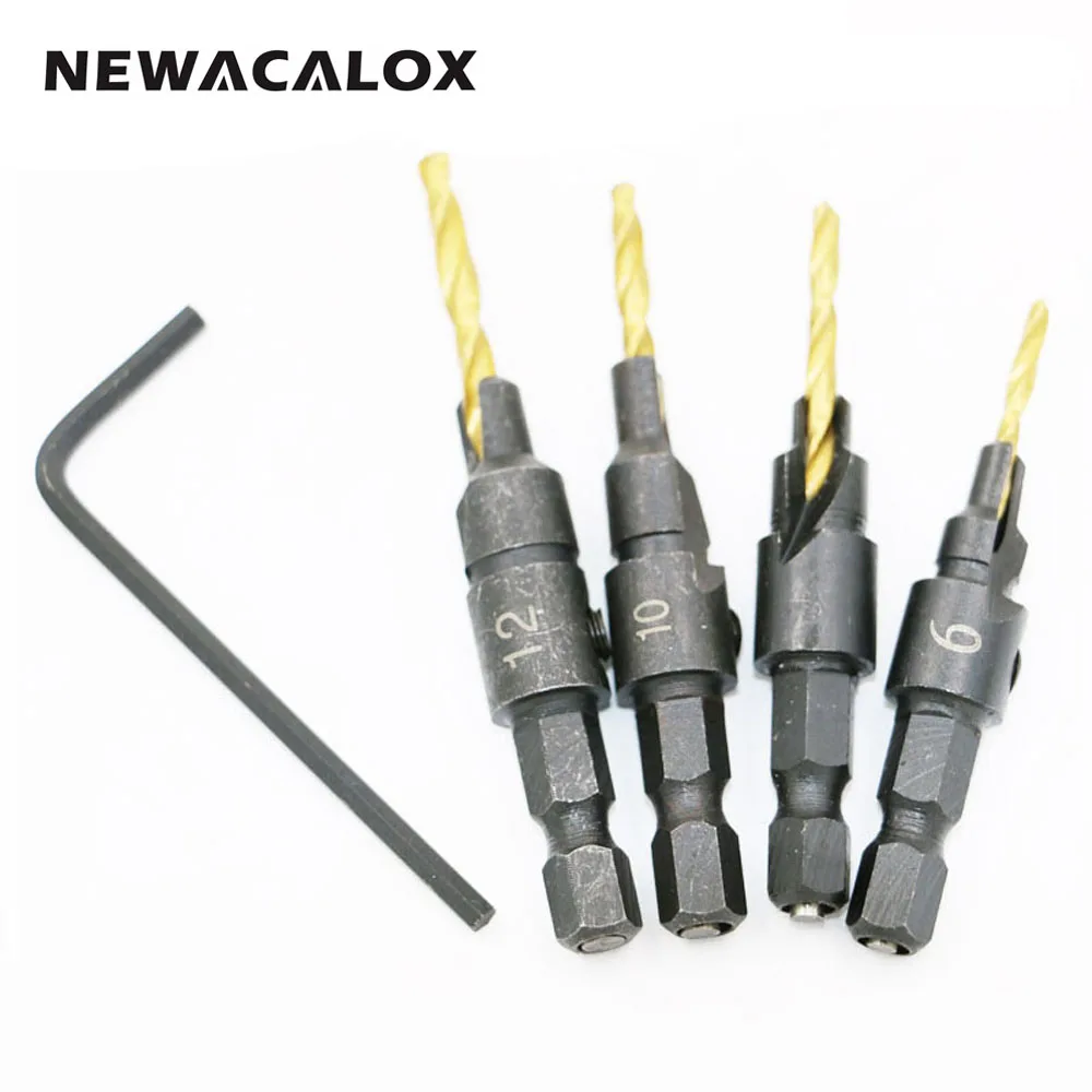 

NEWACALOX 4PCS Wood Countersink Drill Bit Set Hex Shank Chamfer Bore Hole Cutter Woodworking Electric Carving Tools Boring Tool