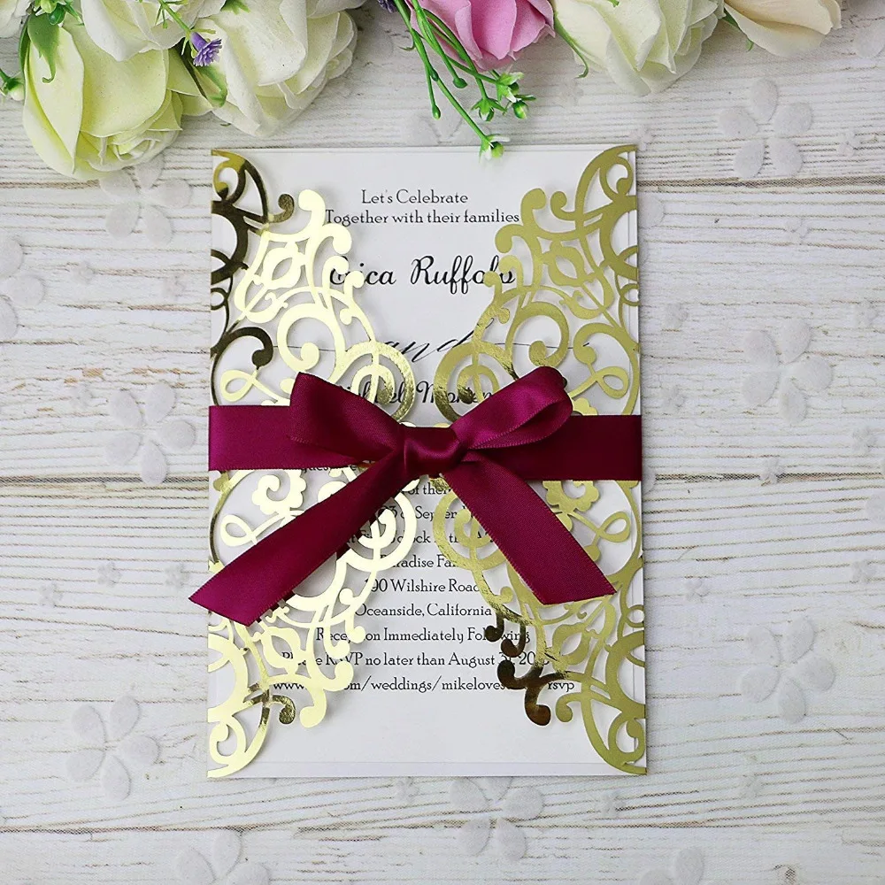 

PONATIA 20 PCS Bright Gold Laser Cut Bling Invitations Card With Ribbon For Wedding Bridal Shower Engagement Birthday Invite