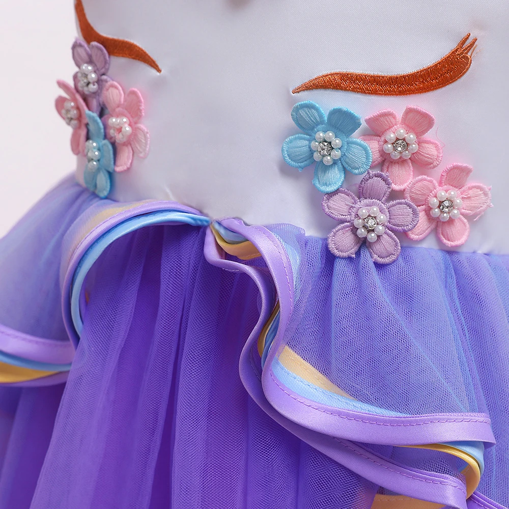 Длинное кружевное платье для девочек с цветочным рисунком и единорогом вечерние бальные платья радужной расцветки для костюмированной вечеринки на свадьбу платье принцессы для девочек 5 лет DJS009