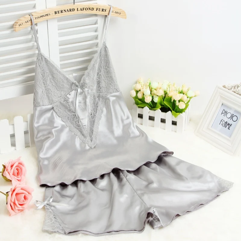 New Pyjama Femme V Neck Lace Women Sleepwear Set Sexy Sling Silk Pajamas Short Pijama Set Pijama Plus Size Nightwear 49 (5)