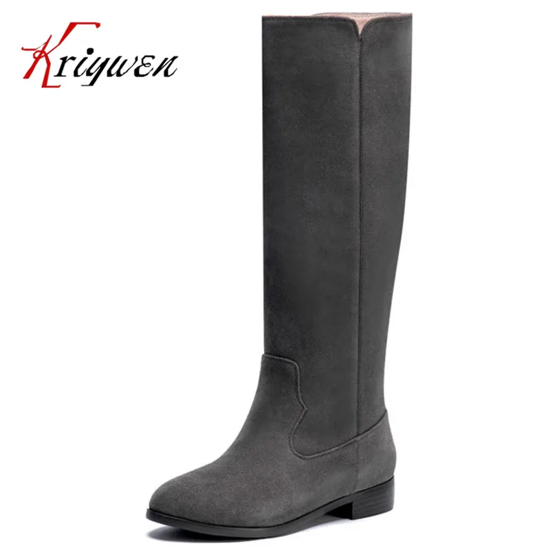 Big size 33-40 Winter cow split knight boots round toe side slip on comfortable flat motorcycle riding women boots Ladies shoes split side tee