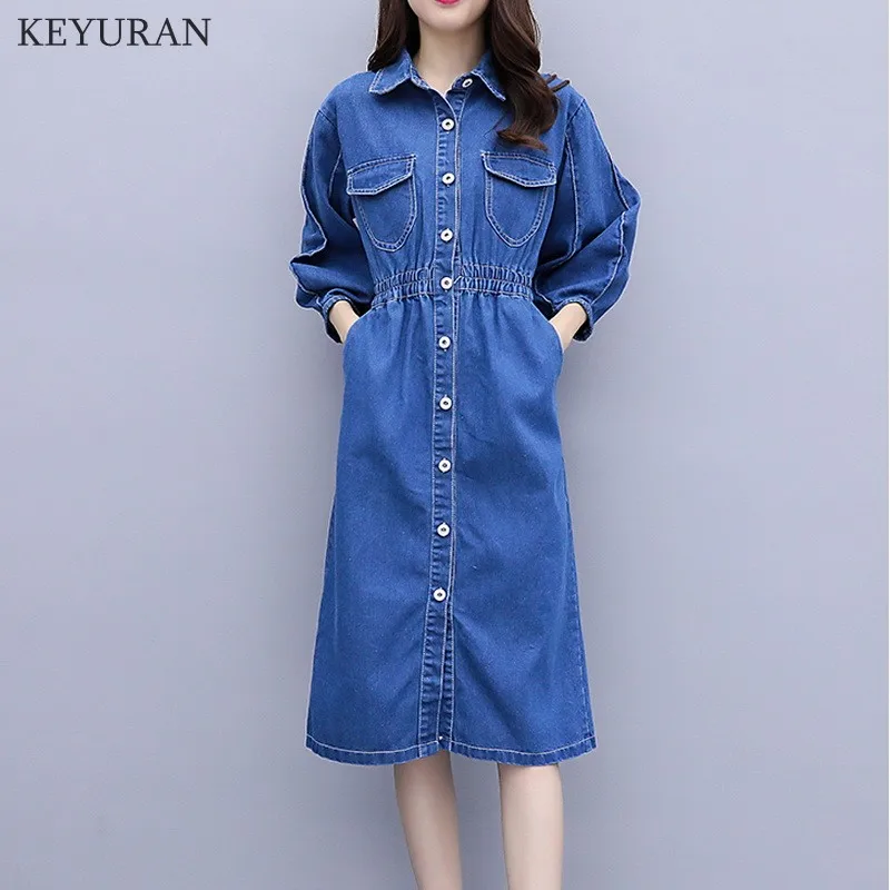 

2019 OL Office Sexy Denim Dress Plus Size 3XL 4XL 5XL Single-breasted Elastic Waist Jeans Dresses Women Bodycon Vestido Feminino