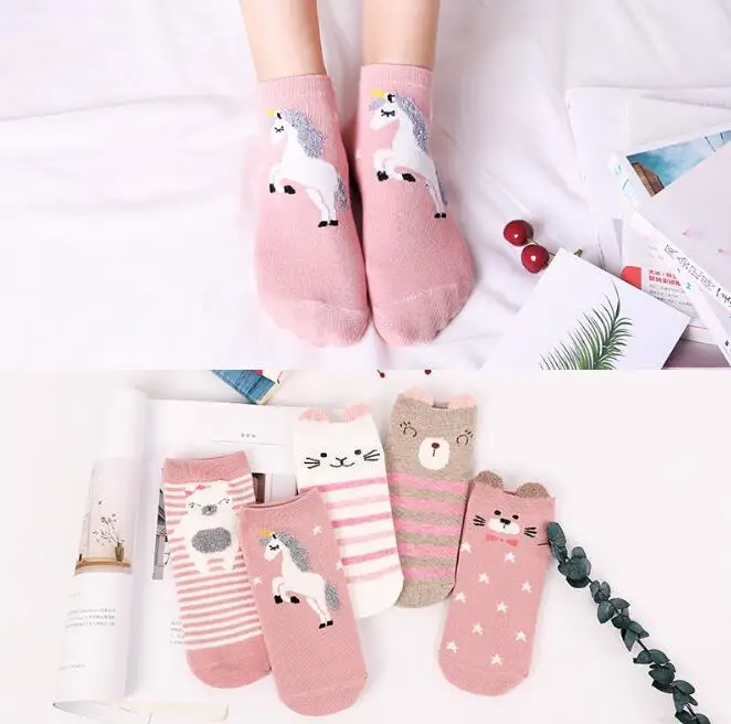 

5Pair/lot Bear Cat Dragon Cat Rabbit Fox Lion Unicorn Cartoon Animals Dot Stripe Pattern Three-dimensional Women Cotton Socks