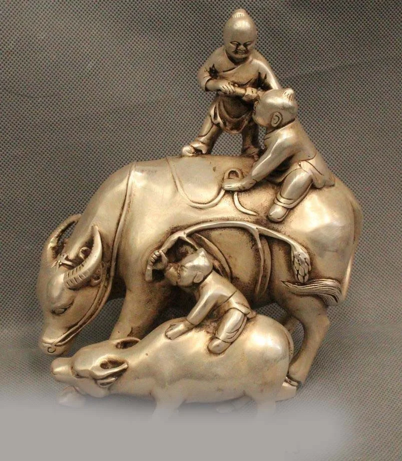 

8" Lovely Chinese China Silver Cowboy Vaquero Children Kids Ride Bull Ox Statue