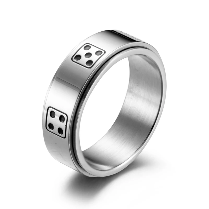 Silver Кольца Lucky Dice для мужчин и женщин, нержавеющая сталь, черный, серебристый, золотой цвет, ротационный Спиннер, панк, титановое кольцо - Цвет основного камня: Silver