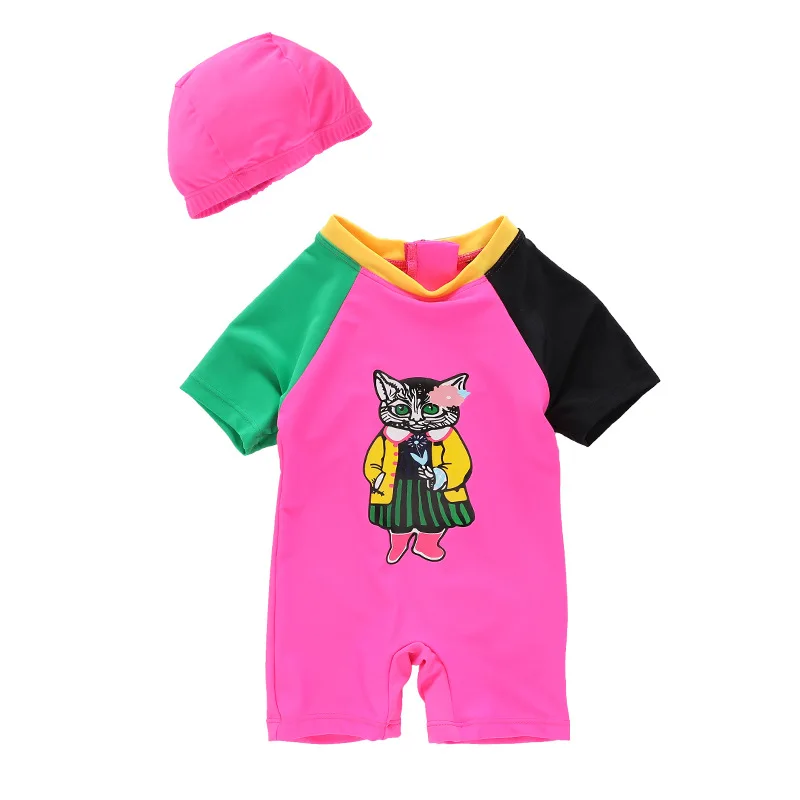 Summer Cartoon Printed Girls Swimsuit Children Sets With Hat For 75-125cm