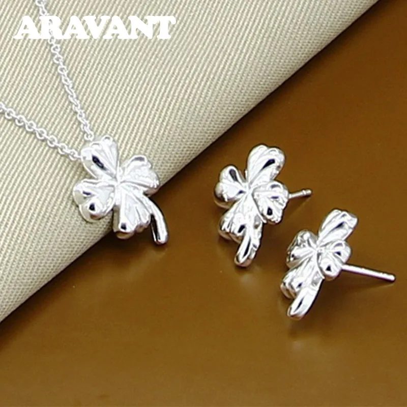 

Fashion Wedding Jewelry Sets 925 Silver Four Leaf Clover Necklaces Earrings Set For Women