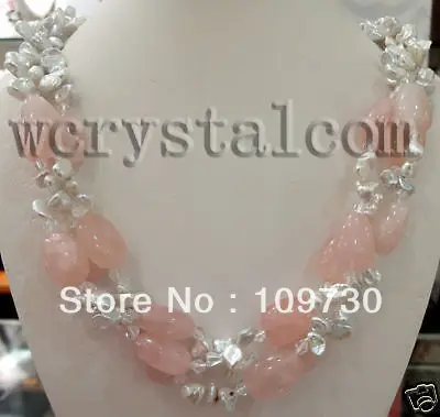 

Jewelry 00862 white reborn keshi pearls rose quartz necklace Silver