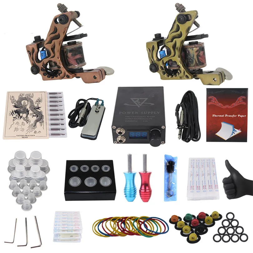 

Tattoo Machine Kits Professional Complete Tattoo Kit 2Pcs Coil Machine Guns Power Supply Foot Pedal Needles Grips Tips Body Art